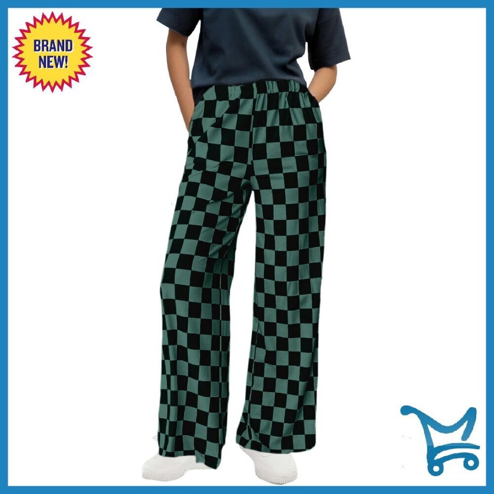Women's Checkered Wide Leg Pants Elastic Waist Comfortable Casual Wear